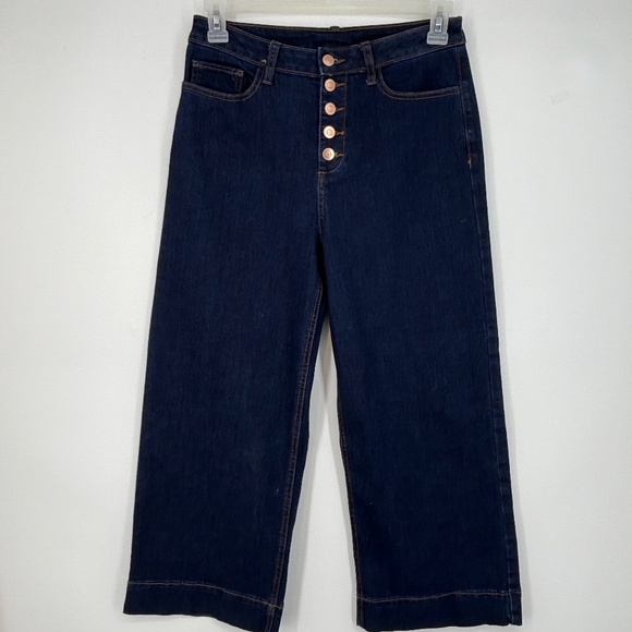 Time and Tru Womens Size 10 Wide Leg Cropped Jeans Dark Blue Exposed Button Fly - Picture 1 of 8